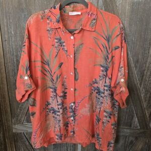 Women's Linen Shirt Coral Multi Color Floral Roll Tab Short Sleeve Lightweight